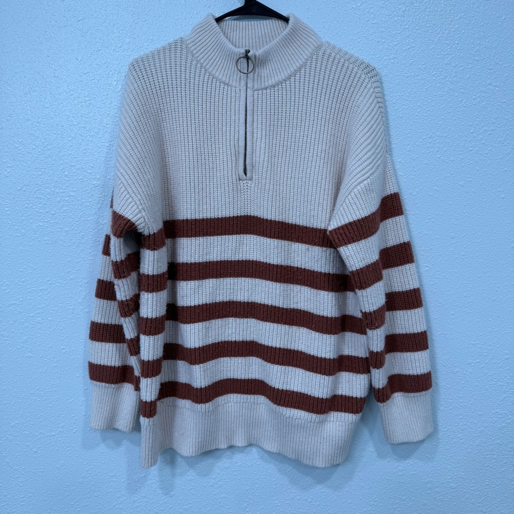 BKE Womens Cream Brown Striped Quarter Zip Mock Neck Sweater‎ Size S